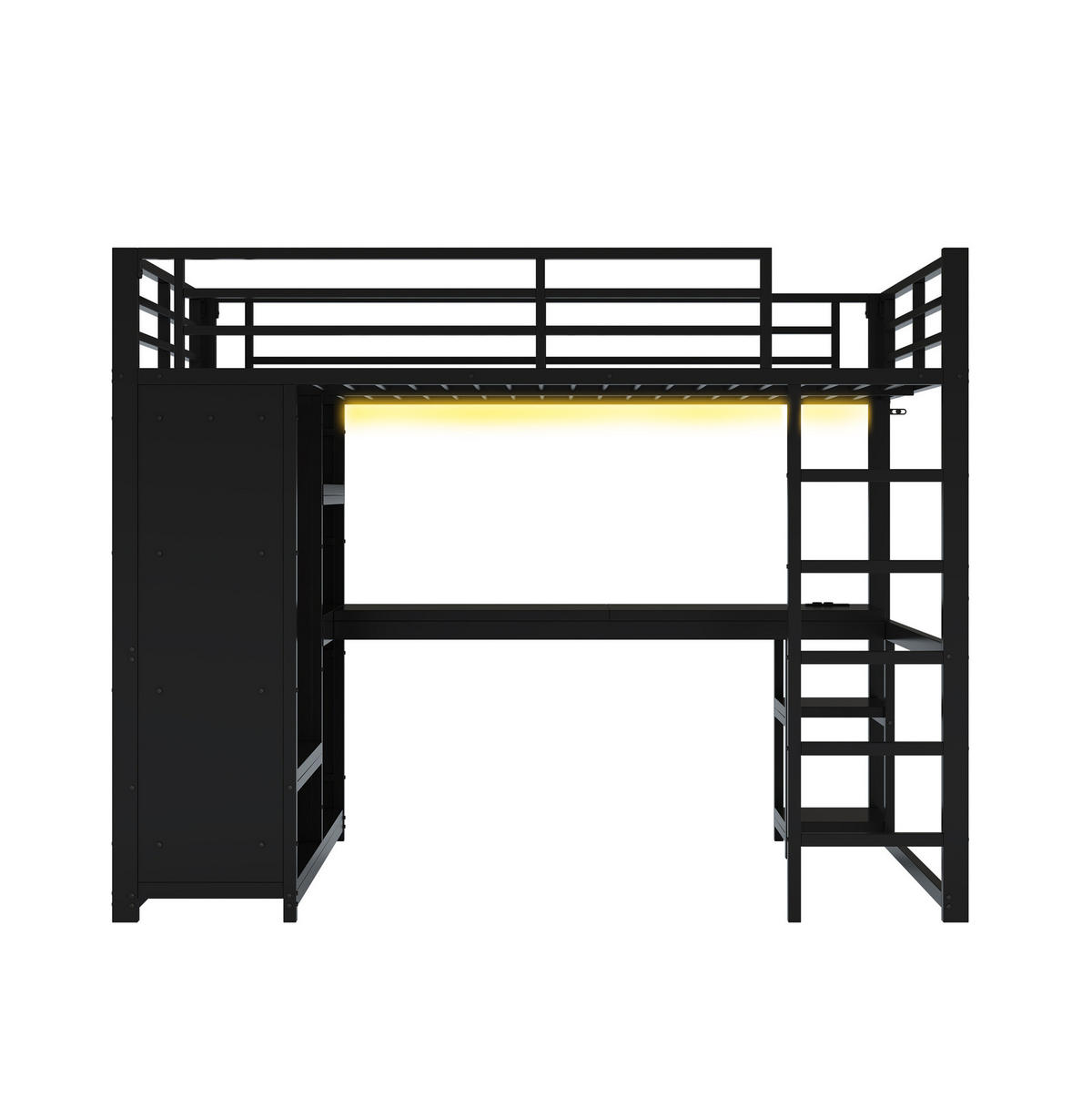 HOCHBETT aus Metall 140x200 cm Schwarz mit LED, Schreibtisch, offenem Kleiderschrank und Ablagefächern - Schwarz, Metall (90/200cm) - Modfu