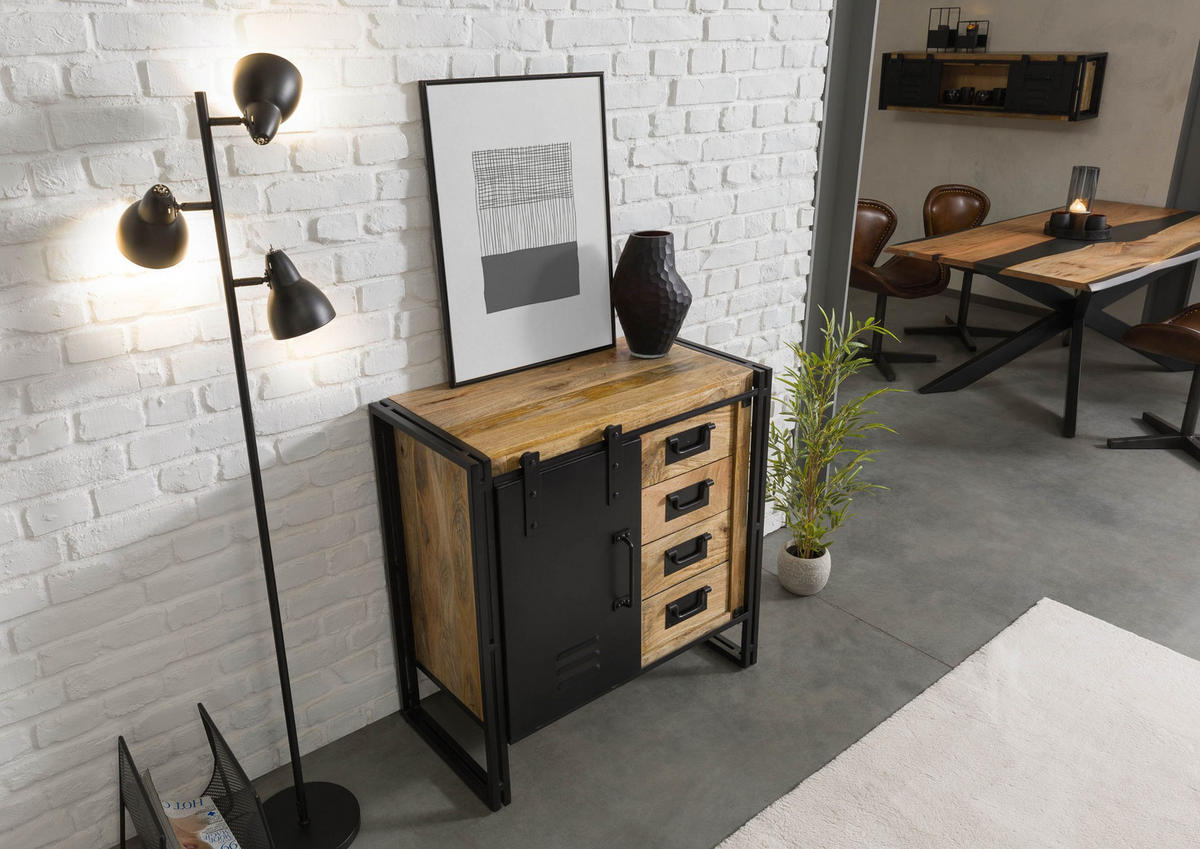 KOMMODE Mango 90x45x90 natur klar lackiert / Metall schwarz BLACKBURN #108 - Braun, Holz (90/90/45cm) - Massivmoebel24