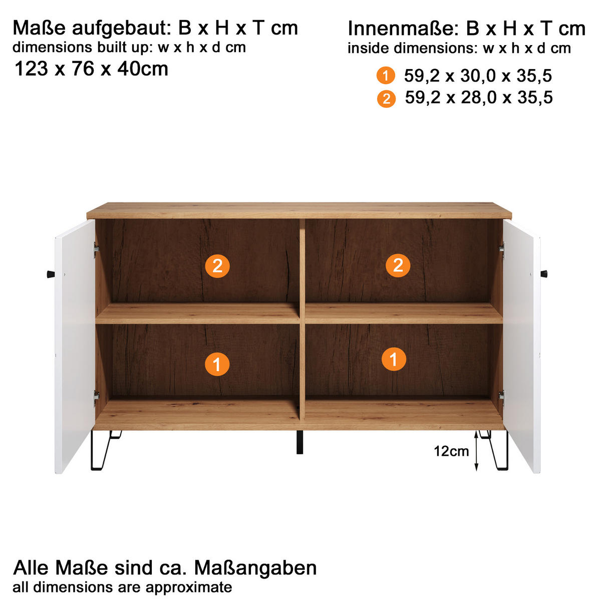 KOMMODE weiß matt mit Rautenoptik, Eiche Artisan 123 cm, Sideboard mit Soft-Close - Eichefarben/Schwarz, Holzwerkstoff/Kunststoff (123/76/40cm) - Top.Furn