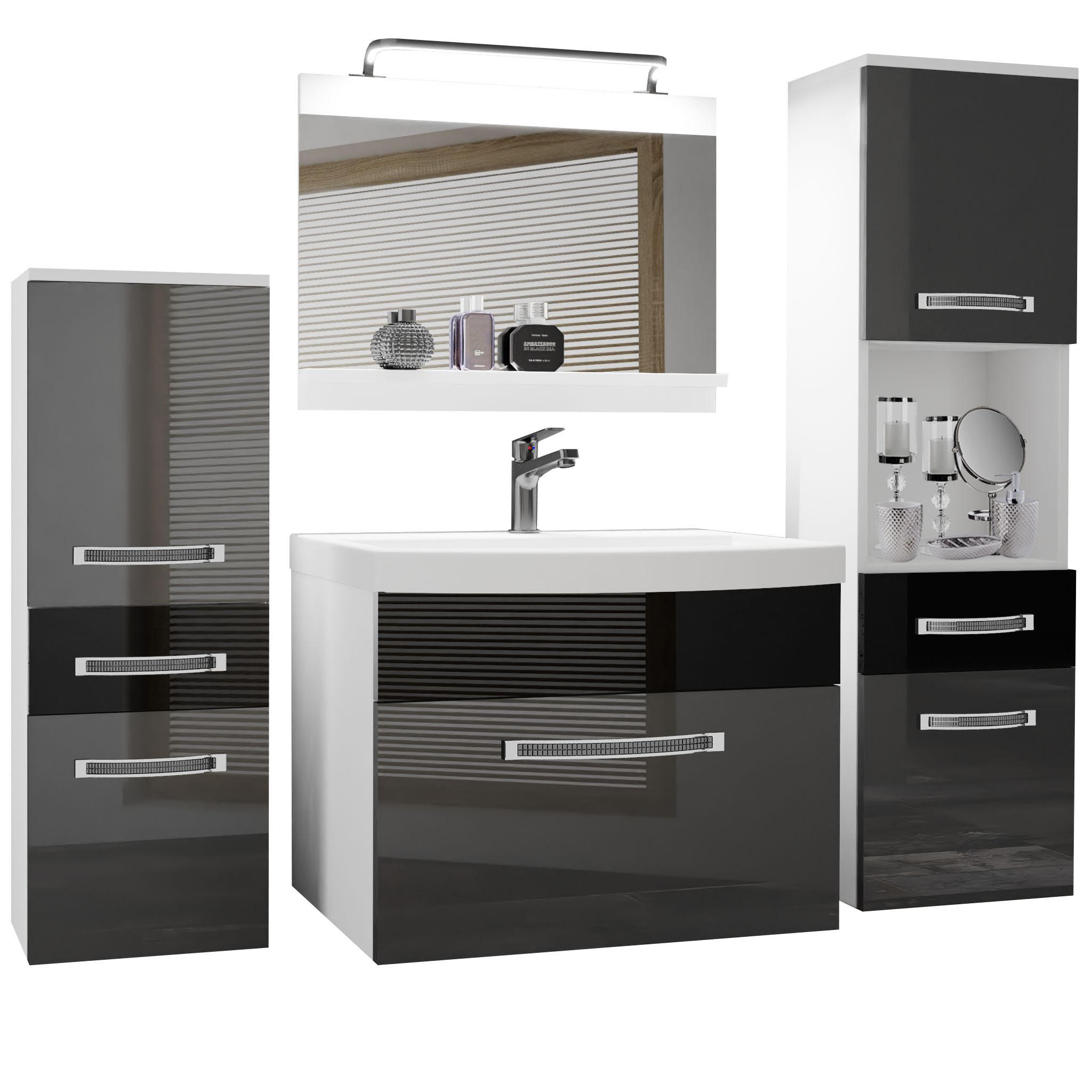 BADMÖBEL Badezimmer Silber / Schwarz Glänzend - Silberfarben/Schwarz, Holz (140/113/40cm) - B BELINI GROUP