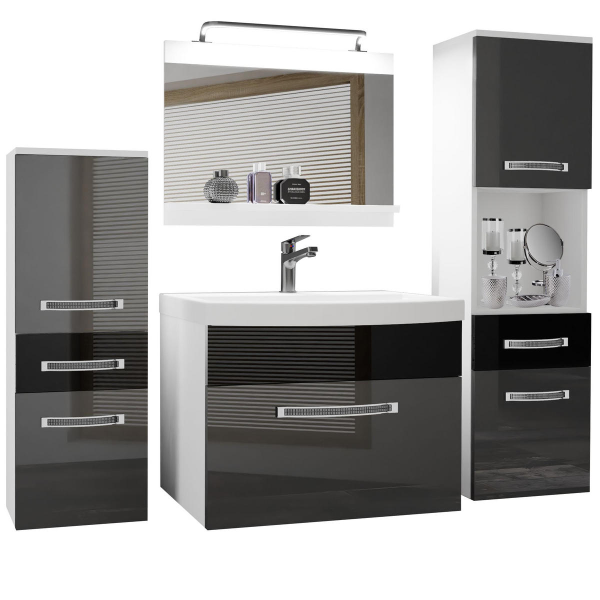 BADMÖBEL Badezimmer Silber / Schwarz Glänzend - Silberfarben/Schwarz, Holz (140/113/40cm) - B BELINI GROUP