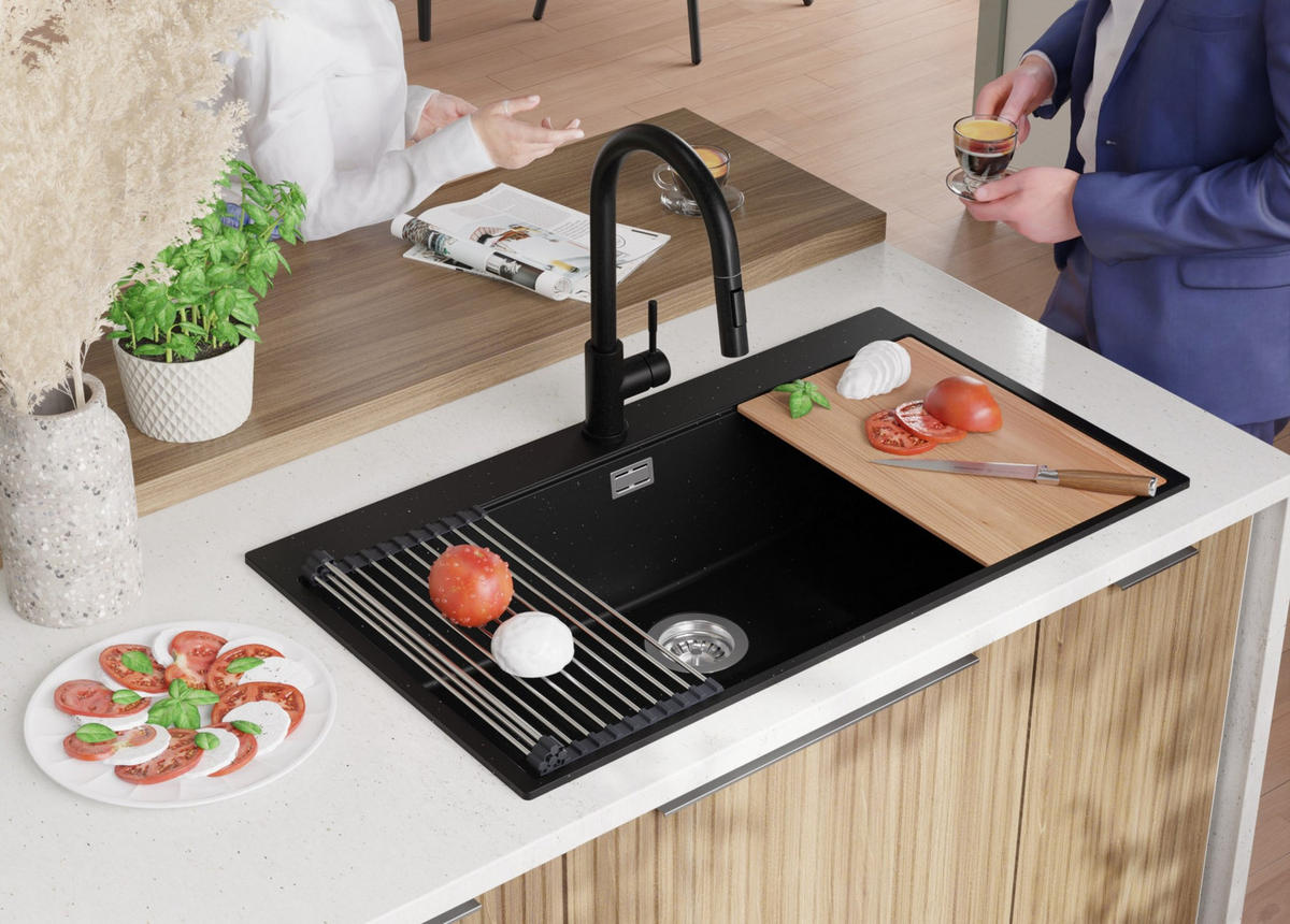 SPÜLBECKEN Oslo, 3-er set Schwarz Metallic 88/50 cm, 1 Becken + Ablauf-Set + Schneidebrett ab 90er Unterschrank - Chromfarben/Schwarz Hochglanz, Kunststoff (88/20/50cm) - Primagran