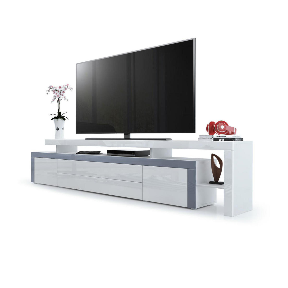 LOWBOARD Leon Weiß Hochglanz / Grau Hochglanz - Weiß Hochglanz/Grau, Holzwerkstoff (227/52/35cm) - Vladon
