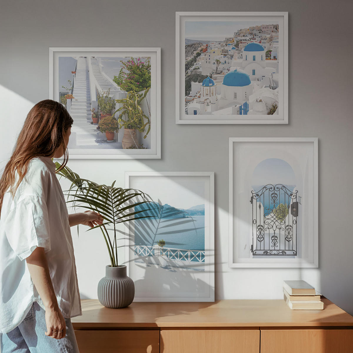 BILDER SET 4er Set - 50x50 cm & 40x60 cm Weißer Rahmen - Weiße Treppenpflanzen Meer - Weiß, Kunststoff (50/50cm) - TULUP