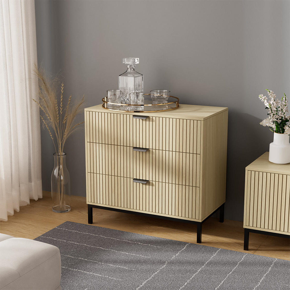 KOMMODE Lennox Eiche 72 x 69 cm mit 3 Schubladen - Eichefarben/Schwarz, Holzwerkstoff (72/69/40cm) - Vicco