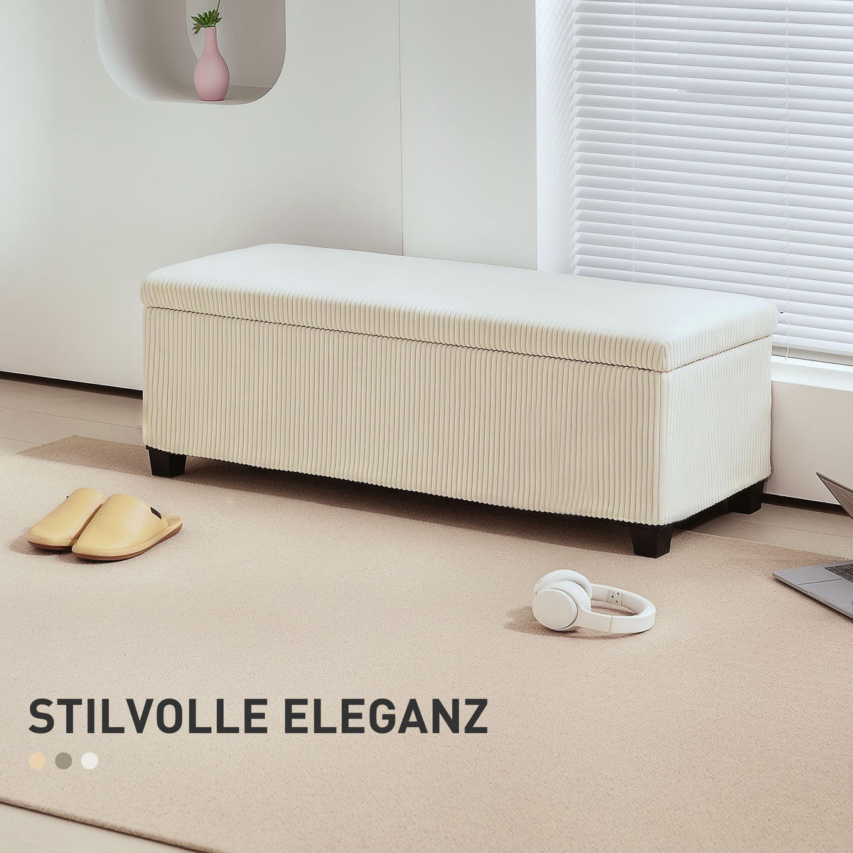 SITZBANK mit Stauraum Polsterbank mit Cord-Optik, Stahlbeine, Beige - Beige, Metall (42/40/112cm) - HOMCOM