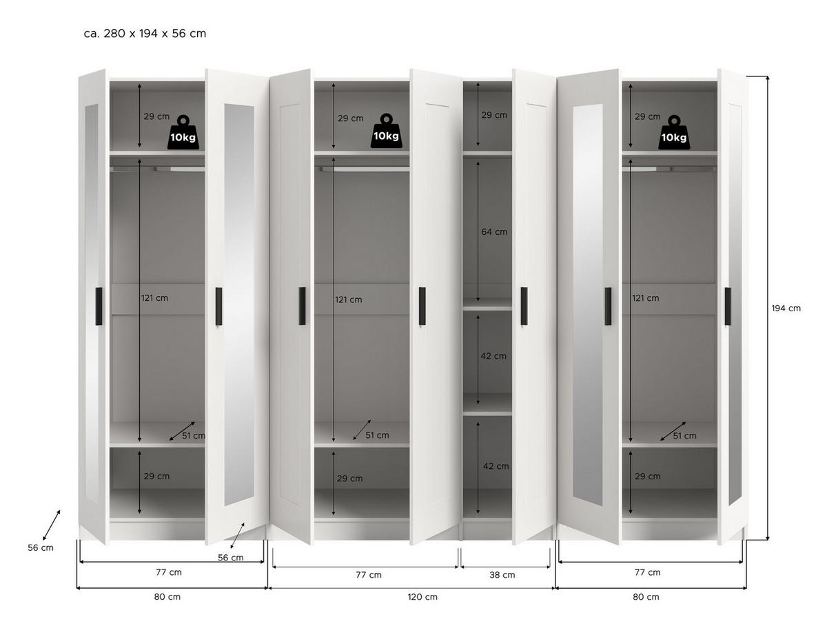 KLEIDERSCHRANKKOMBINATION VISBY (B/H/T: ca. 280/194/56 cm) in weiß/weiß - Weiß, Holzwerkstoff (280/194/56cm)