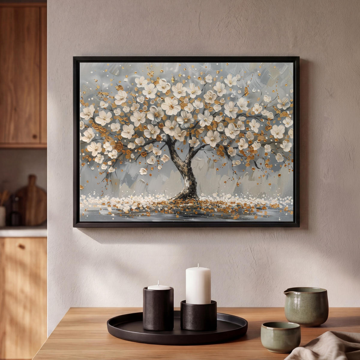 LEINWAND Bilder mit Rahmen - Baum - Blumen - Weiß - Natur - Kunst - 40x30 - Weiß, Textil (40/30cm) - MuchoWow
