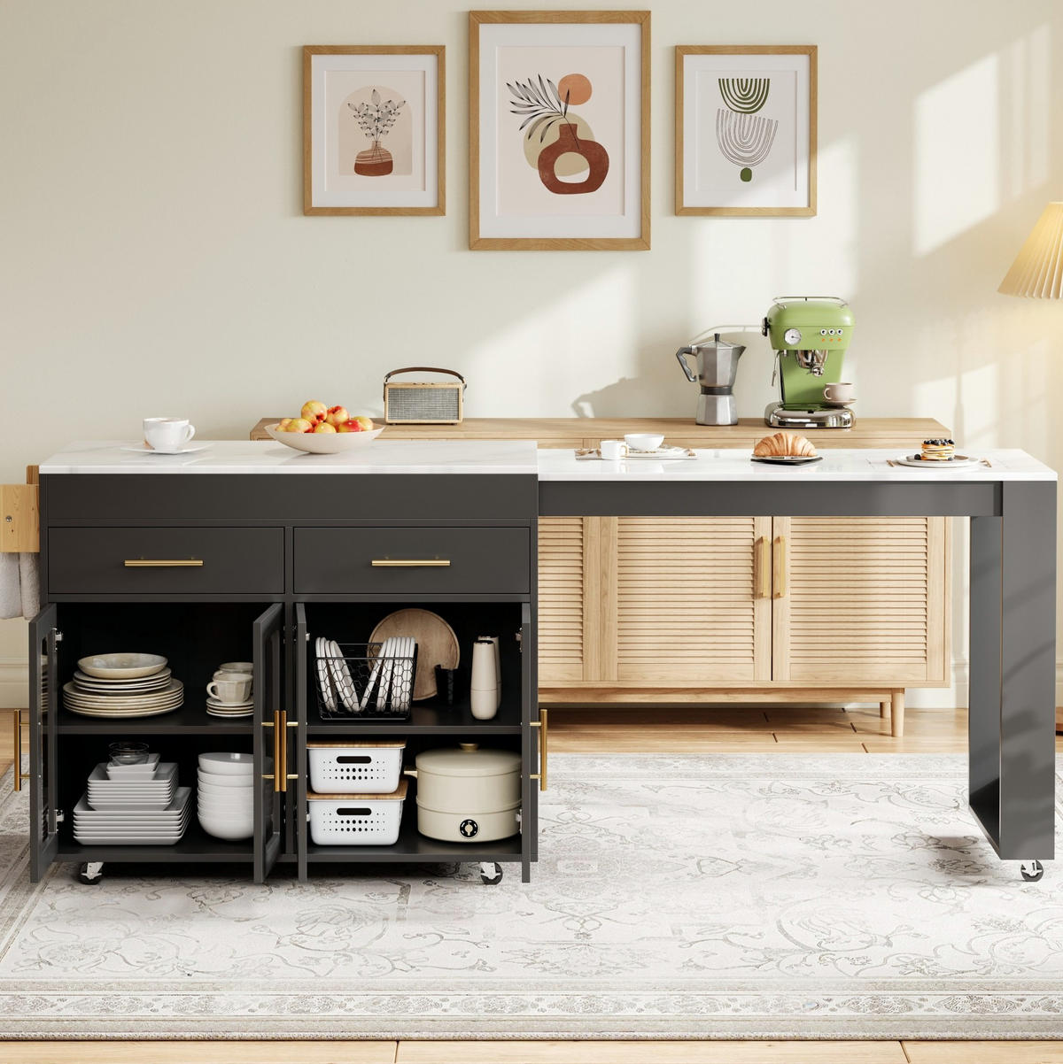 KÜCHENINSEL ausziehbar 132,5-217 x 50 x 93 cm MDF Black 3-tlg. - Schwarz, Holz (50/93/217cm) - Beauniv