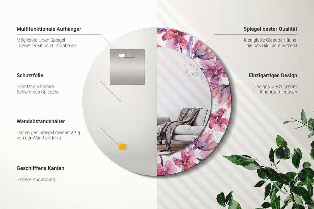 SPIEGEL Rund Ø 50 cm mit Aufdruck - Pink, Glas (50/50/0.4cm) - Wallfluent