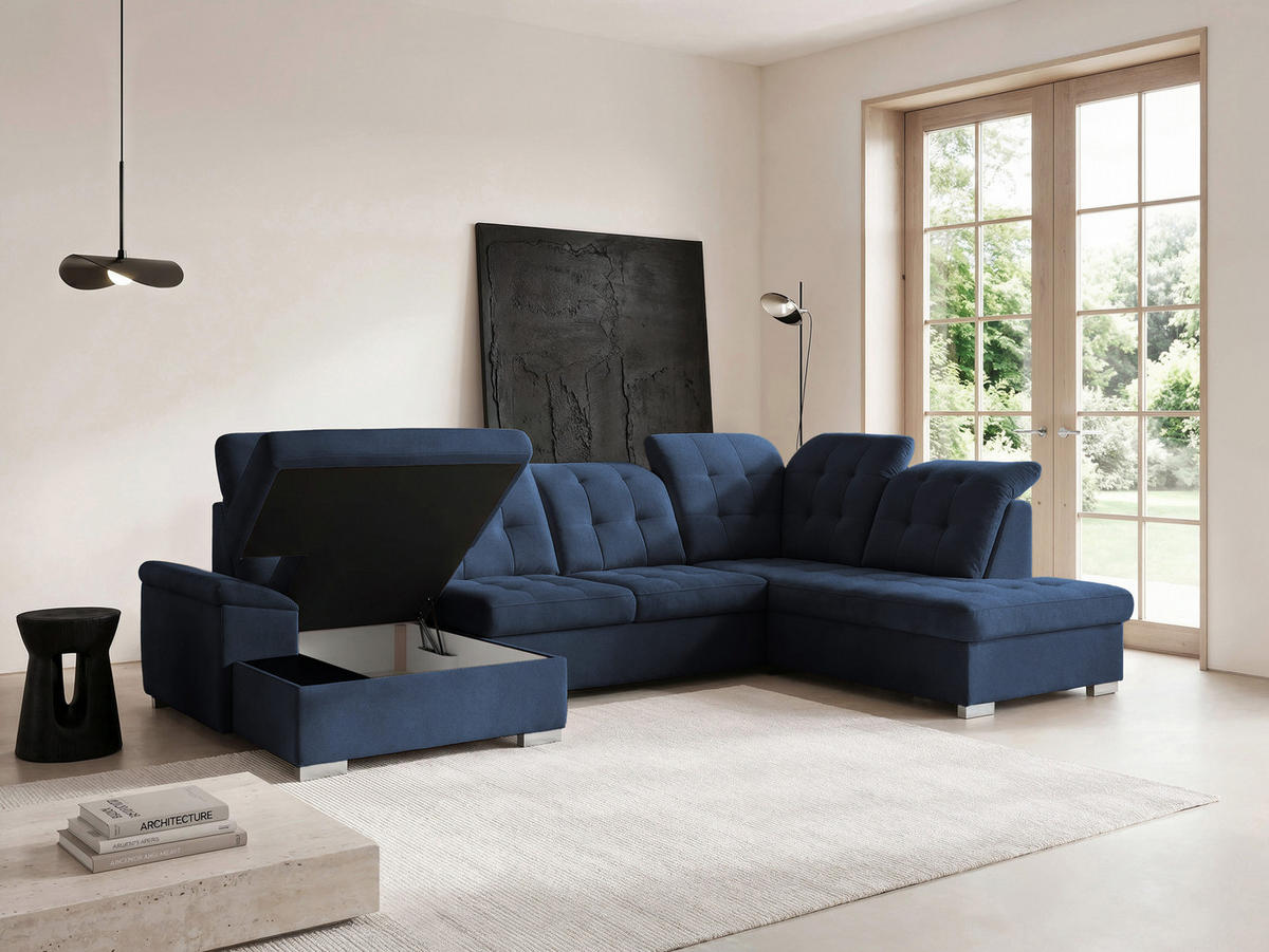 WOHNLANDSCHAFT ANON Ottomane Rechts, mit Schlaffunktion und Bettkasten, Dunkelblau - Dunkelblau, Kunststoff/Textil (322/87/220cm) - Idohome
