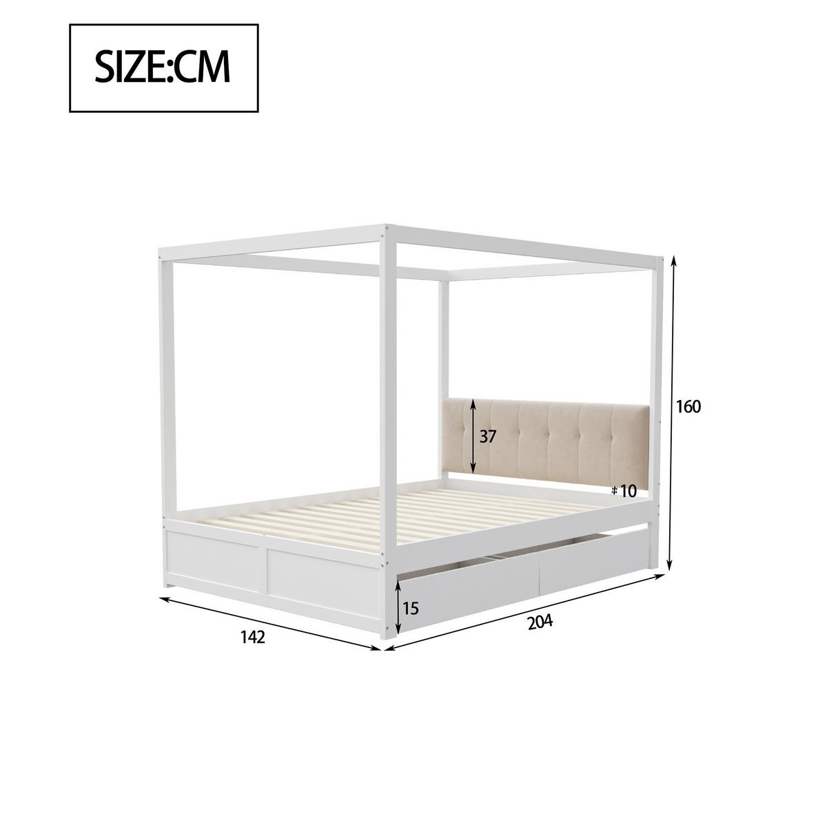 BETT 140/200 cm in Weiß mit Zeltdesign, 2 Schubladen und gepolsterter Rückenlehne - Weiß, Holz (140/200cm) - Flora Grace