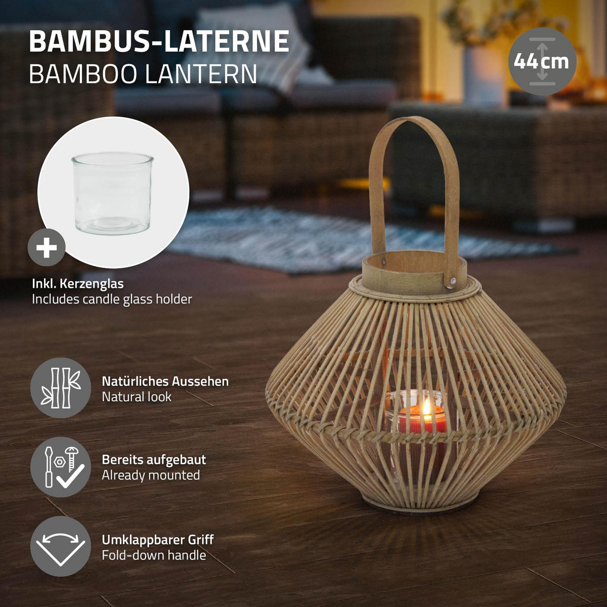 BAMBUSOVÁ LUCERNA V: 44 cm, barva dřeva, styl boho - přírodní, dřevo (35/44/35cm) - ECD-Germany