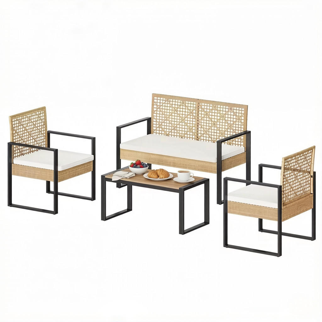 GARTENMÖBEL-SET Naturholz 4-teilig inkl. Couchtisch & abnehmbaren Polstern - Naturfarben, Naturmaterialien - PANGIVO