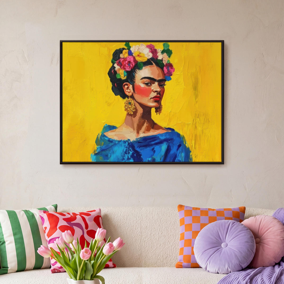 LEINWAND Bilder mit Rahmen - Frida Kahlo - Frau - Gelb - Blau - Blumen - 80x60 - Gelb, Textil (80/60cm) - MuchoWow
