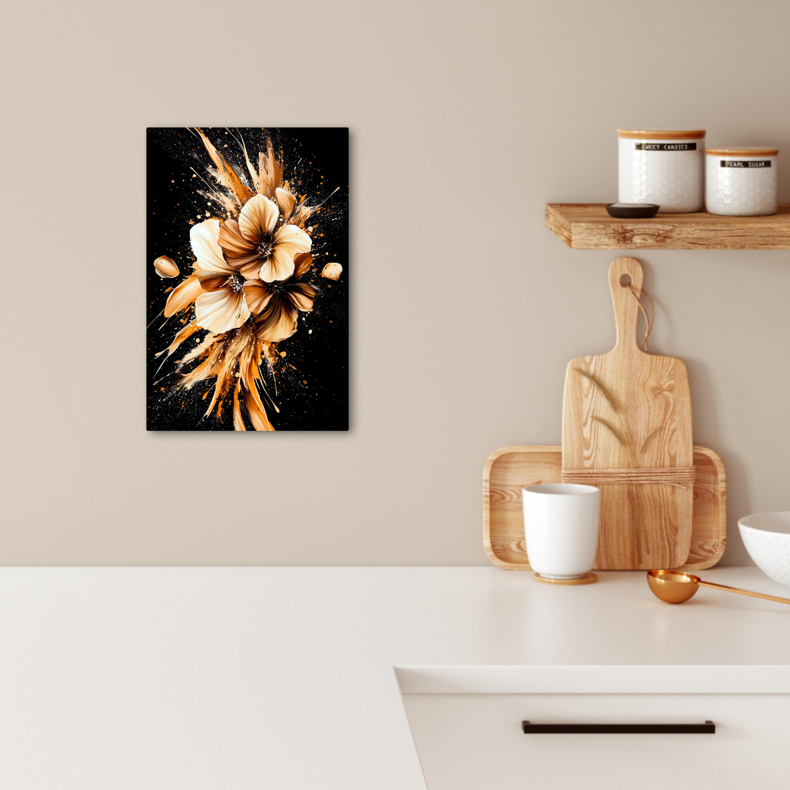 LEINWANDBILD Blumen - Gold - Graffiti - Schwarz - Abstrakt 20x30 cm - Cappuccino, Textil (20/30cm) - MuchoWow