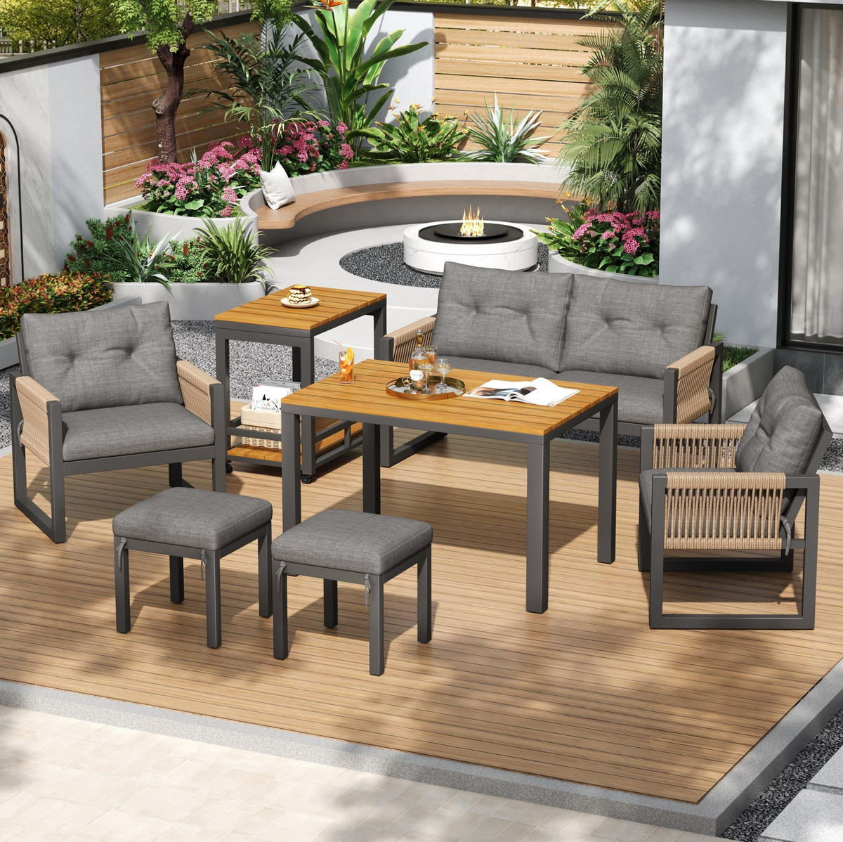 GARTENMÖBEL-SET 150/79,5/75 cm mit abnehmbarem Tisch und Sitzkissen, Seilarmlehnen, Grau/Natur - Grau, Metall - Redom