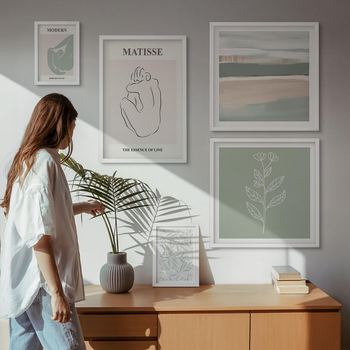 WANDBILDER 5er-Set - 50x50 cm & 20x30 cm & 40x60 cm Weißer Rahmen - Abstrakte Pflanzenformen - Weiß, Kunststoff (40/60cm) - ArtPrintCave