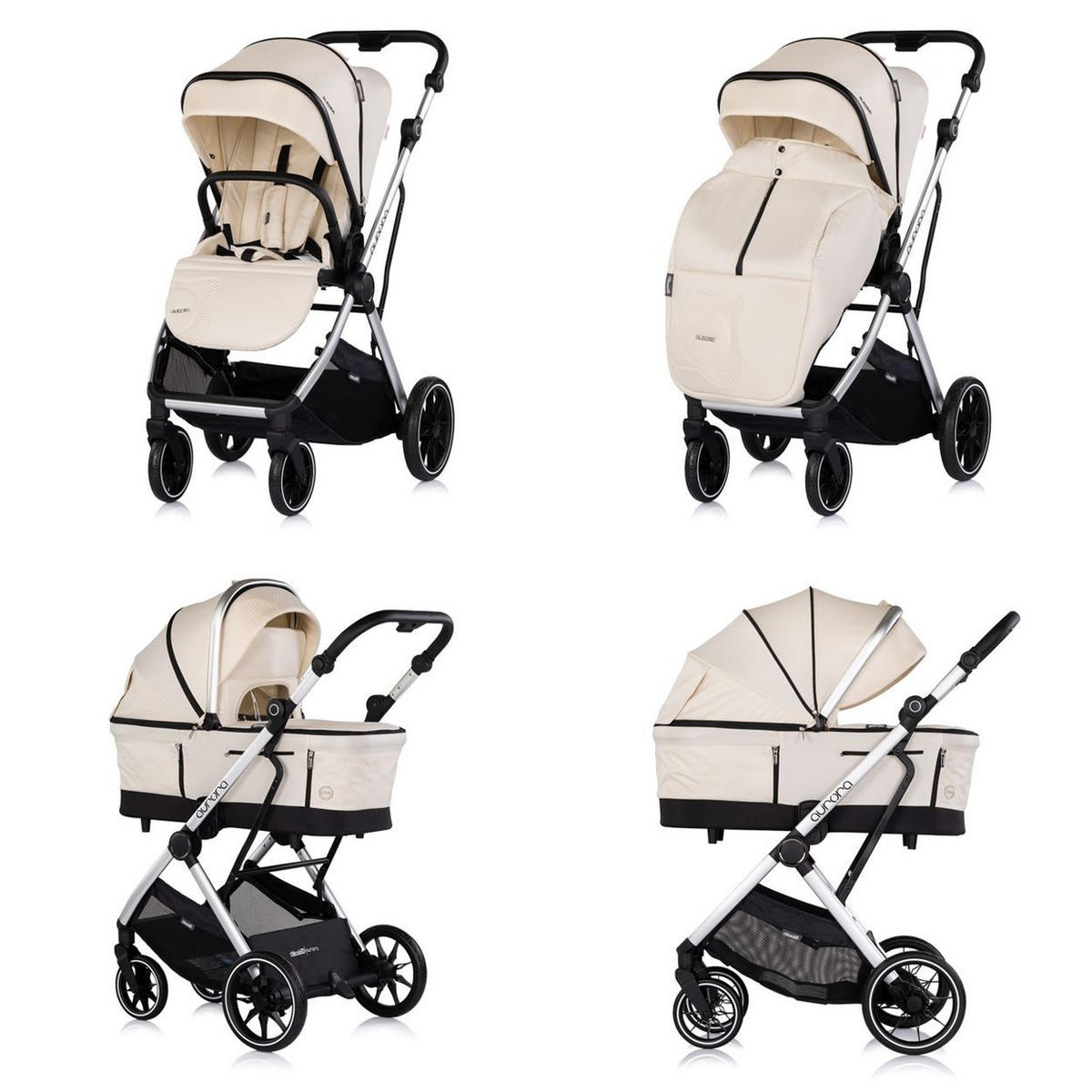 KOMBIKINDERWAGEN Aurora 3 in 1 beige EVA-Material, Aluminium, 3-Punkt-Gurt, Babywanne, Babyschale - Beige, Metall (84/57/112cm) - Chipolino