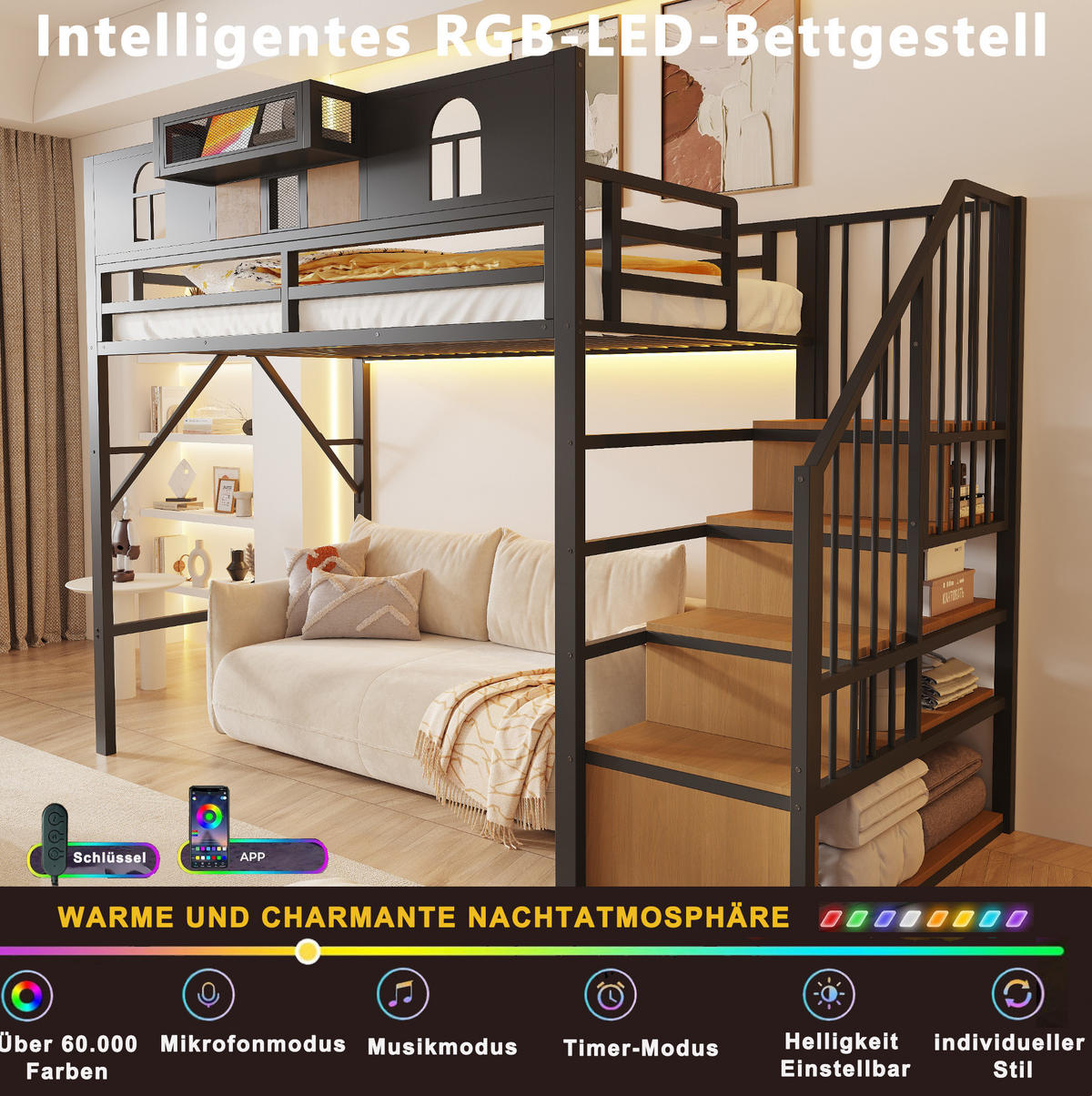 HOCHBETT 90x200 cm in Schwarz mit Stauraumleiter und Lichtleiste - Schwarz, Metall (90/200cm) - IVMEU