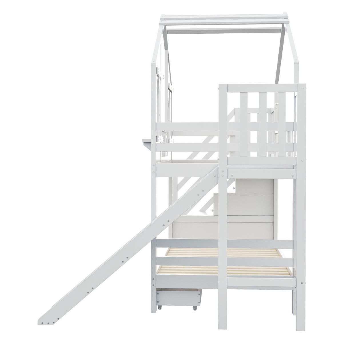 ETAGENBETT Hausförmig 90/200 cm, Weiß mit Rutsche und Stauraum - Weiß, Holz (90/200cm) - MIVRAY