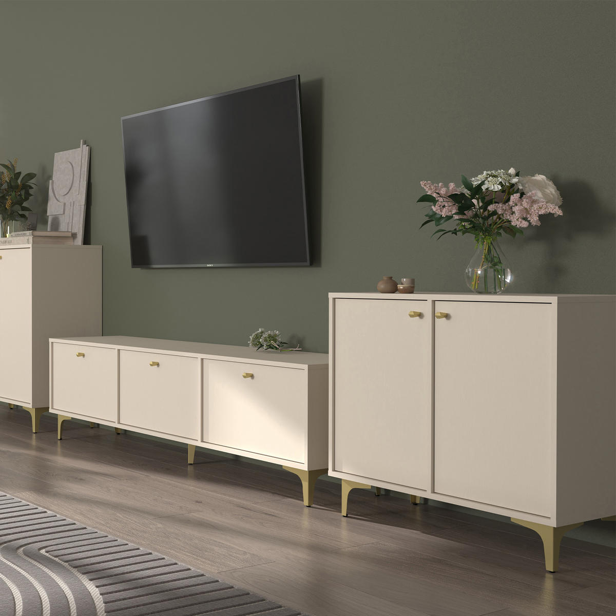 KOMMODE FLOREN, Creme/Gold - Creme, Holzwerkstoff/Metall (83.6/72.4/40.8cm) - KONSIMO®
