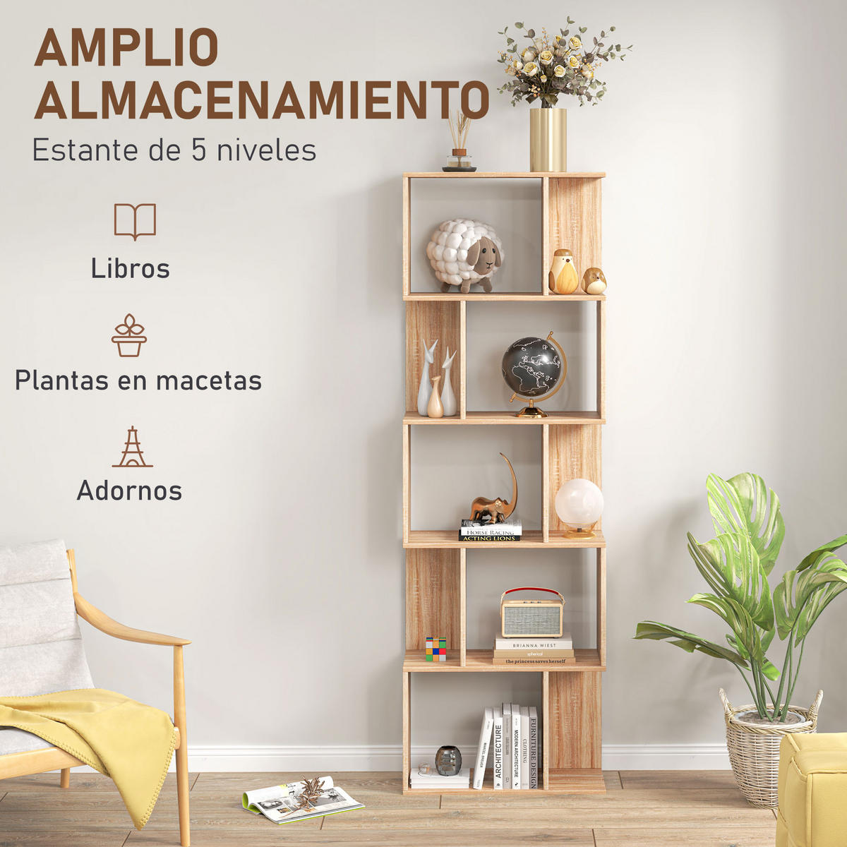 BÜCHERREGAL,5-STUFIG S-förmig 24x60x184,5cm,natur - Beige, Holzwerkstoff (60/184.5/24cm) - Vallsero