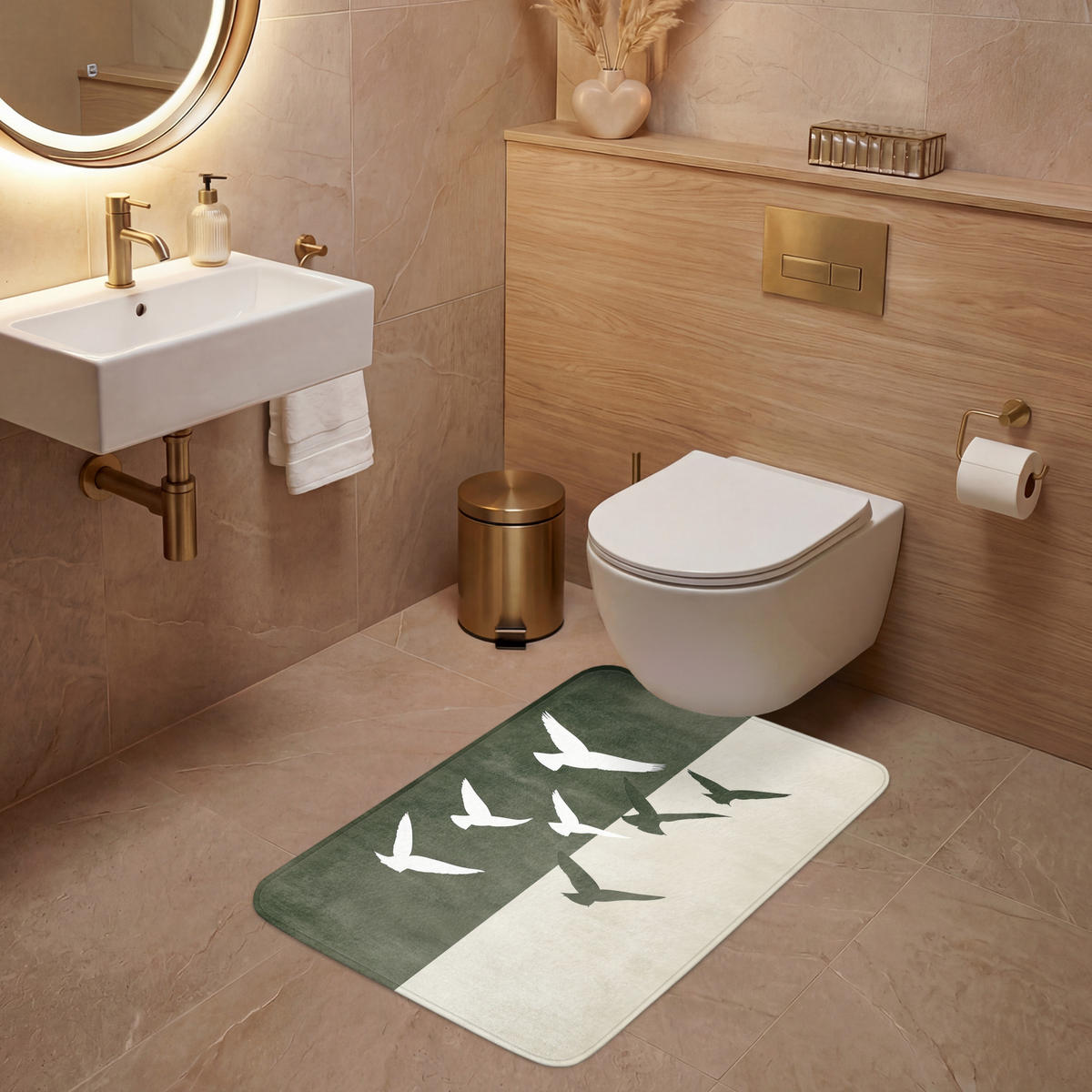 WC PŘEDLOŽKA Japandi - Pták - Zelený 60x90 cm - olivově zelená, textil/plast (60/1cm) - OnlyWow
