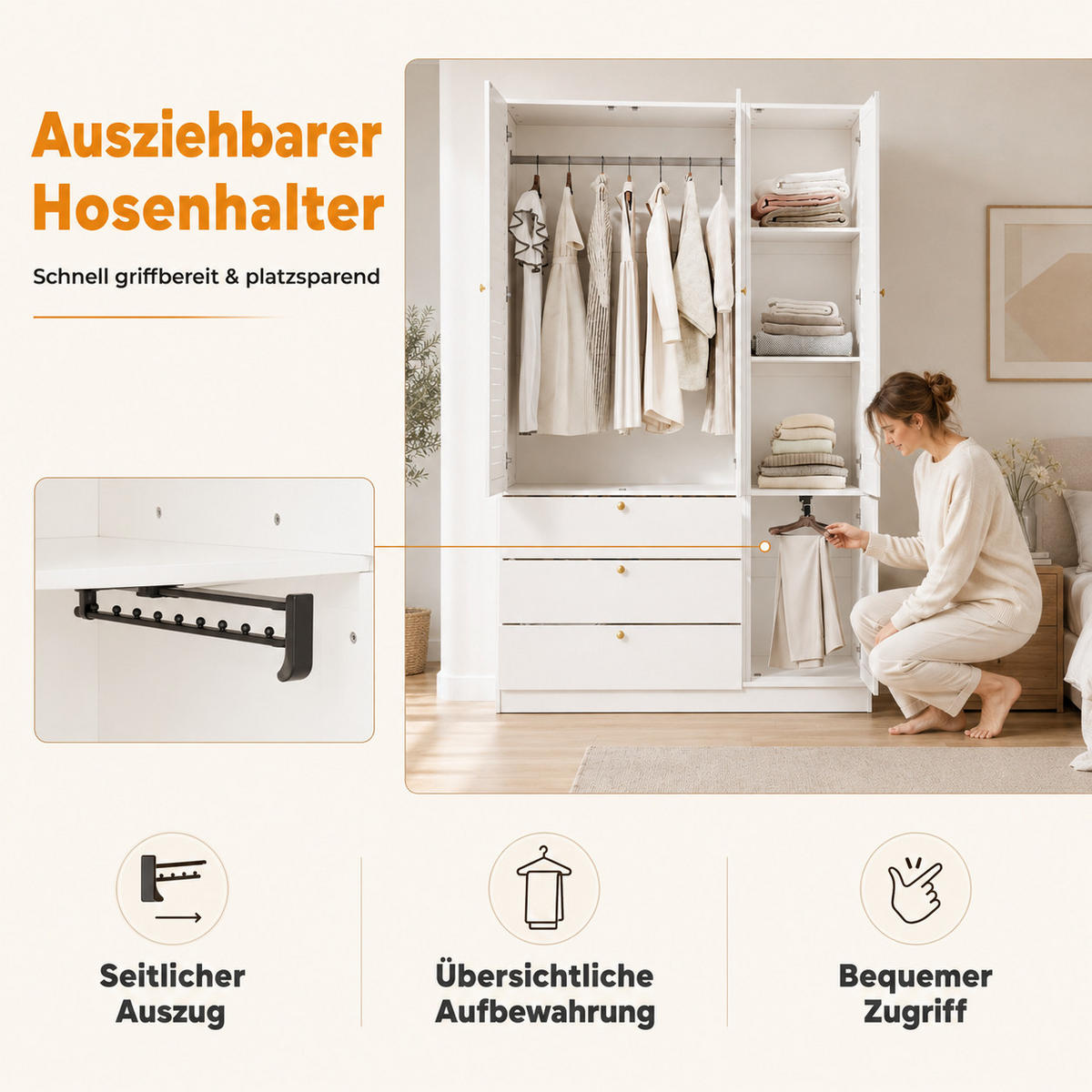 KLEIDERSCHRANK Weiß 3 Lamellentüren 3 Schubladen 2 Kleiderstangen Hosenhalter - Weiß, Holzwerkstoff (135/200/50cm) - Urban Meuble