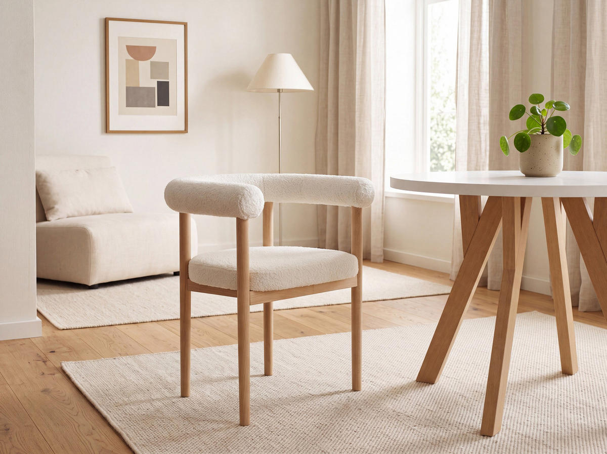 ESSZIMMERSTUHL MAYA 4er Set in Weiß Boucle mit massivem Buchenholzgestell 62/56/78 cm - Hellbraun/Weiß, Holz/Textil (61/74/57.5cm) - WFL GROUP