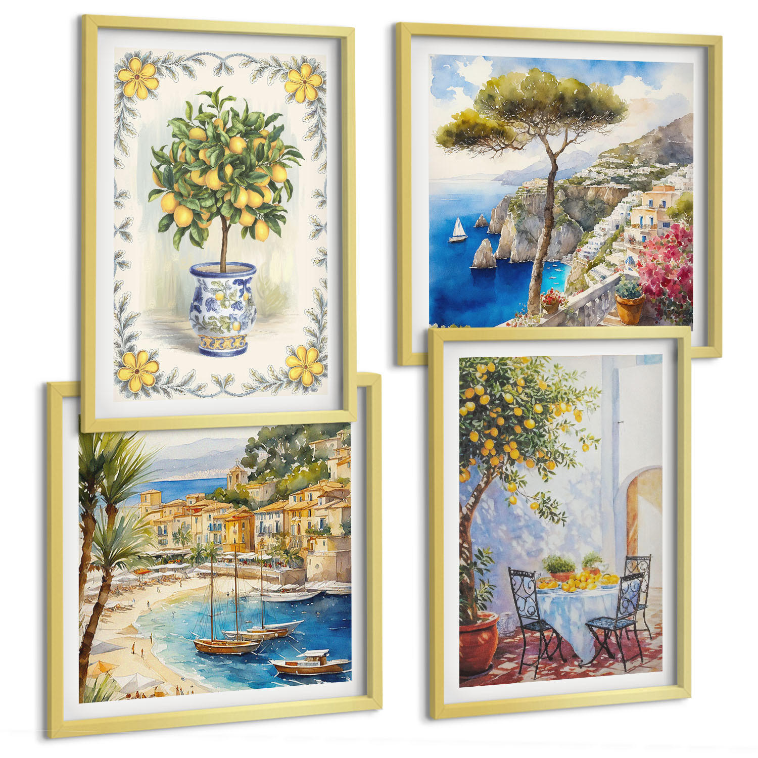 BILDER SET 4er Set - 50x50 cm & 40x60 cm Goldrahmen - Blick auf das Meer aus Zitronenbäumen - Goldfarben, Kunststoff (50/50cm) - TULUP