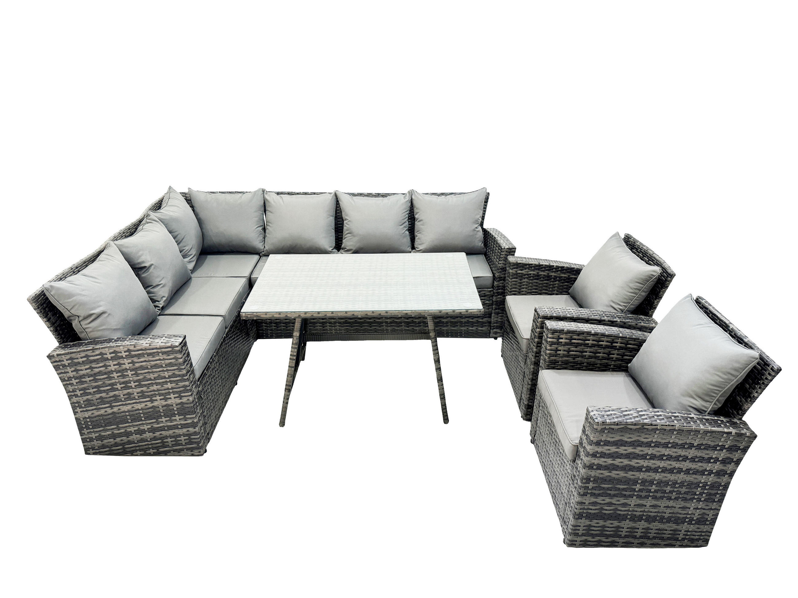 BALKONMÖBEL-SETS mit Ecksofa,Stuhl,Länglicher Esstisch Polyrattan Dunkelgrau 8-Sitzer - Dunkelgrau/Grau, Glas/Kunststoff - Fimous