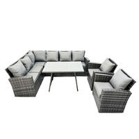 BALKONMÖBEL-SETS mit Ecksofa,Stuhl,Länglicher Esstisch Polyrattan Dunkelgrau 8-Sitzer - Dunkelgrau/Grau, Glas/Kunststoff - Fimous