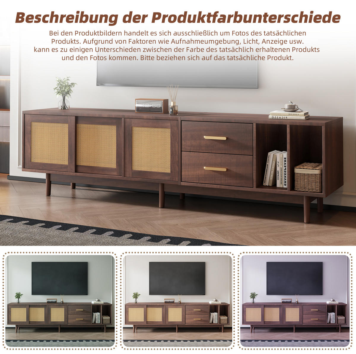 TV-LOWBOARD 190/40/52 cm mit 3 Türen, 2 Schubladen und Rattan-Fronten, MDF, Braun - Braun, Holzwerkstoff (190/52/40cm) - Redom