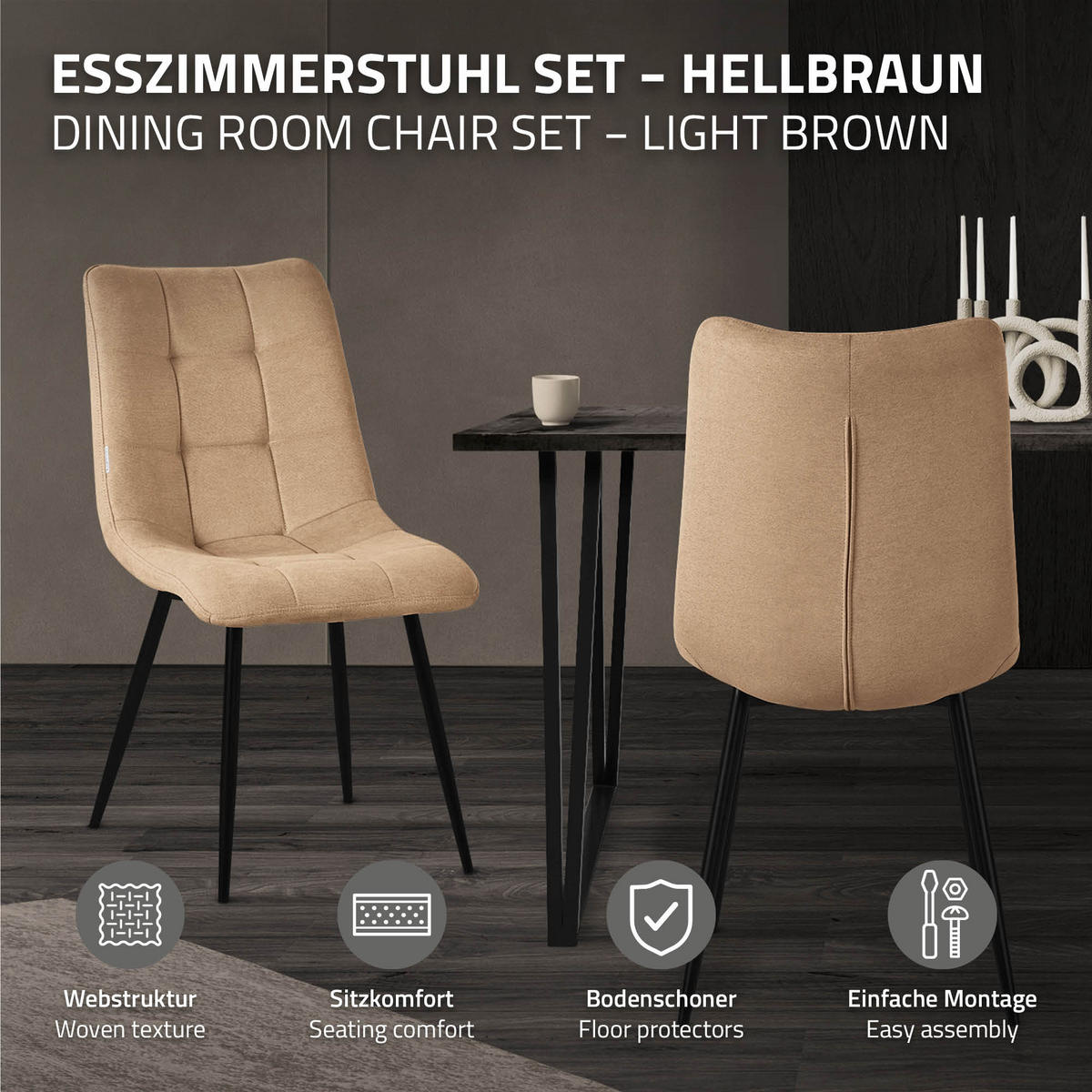 ESSZIMMERSTÜHLE 6ER-SET Hellbraun Stoffbezug - Hellbraun/Schwarz, Textil/Metall (49/89/60.5cm) - ML-DESIGN
