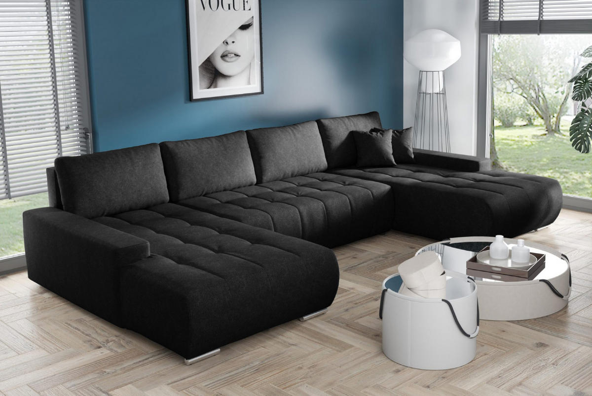 WOHNLANDSCHAFT mit Schlaffunktion Dhaka U, Schwarz - Schwarz, Textil (185/85/350cm) - Fedve