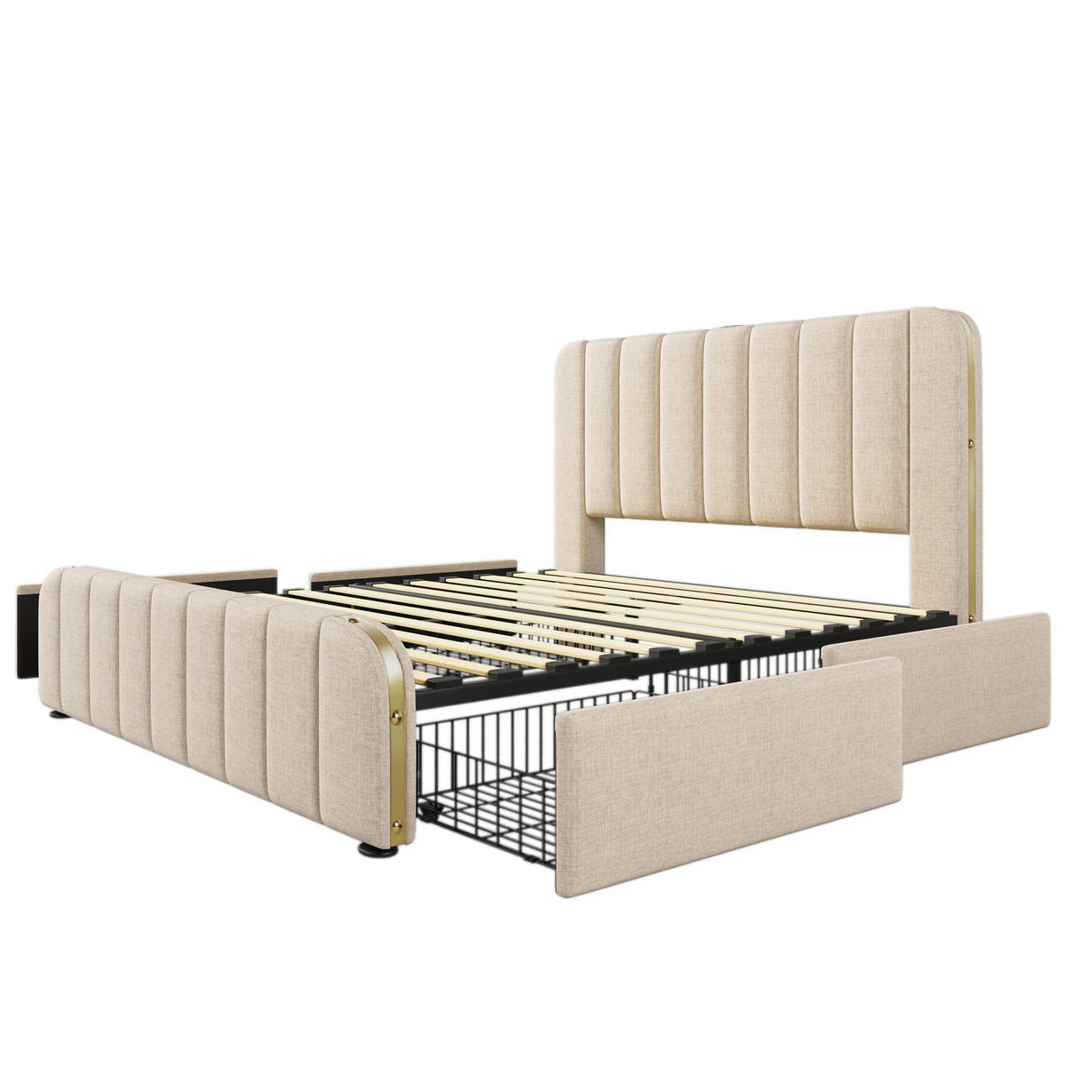 POLSTERBETT mit Matratze USB/Typ-C 140x200 cm Beige Leinen 4 Schubladen - Beige, Metall (140/200cm) - Meubliv