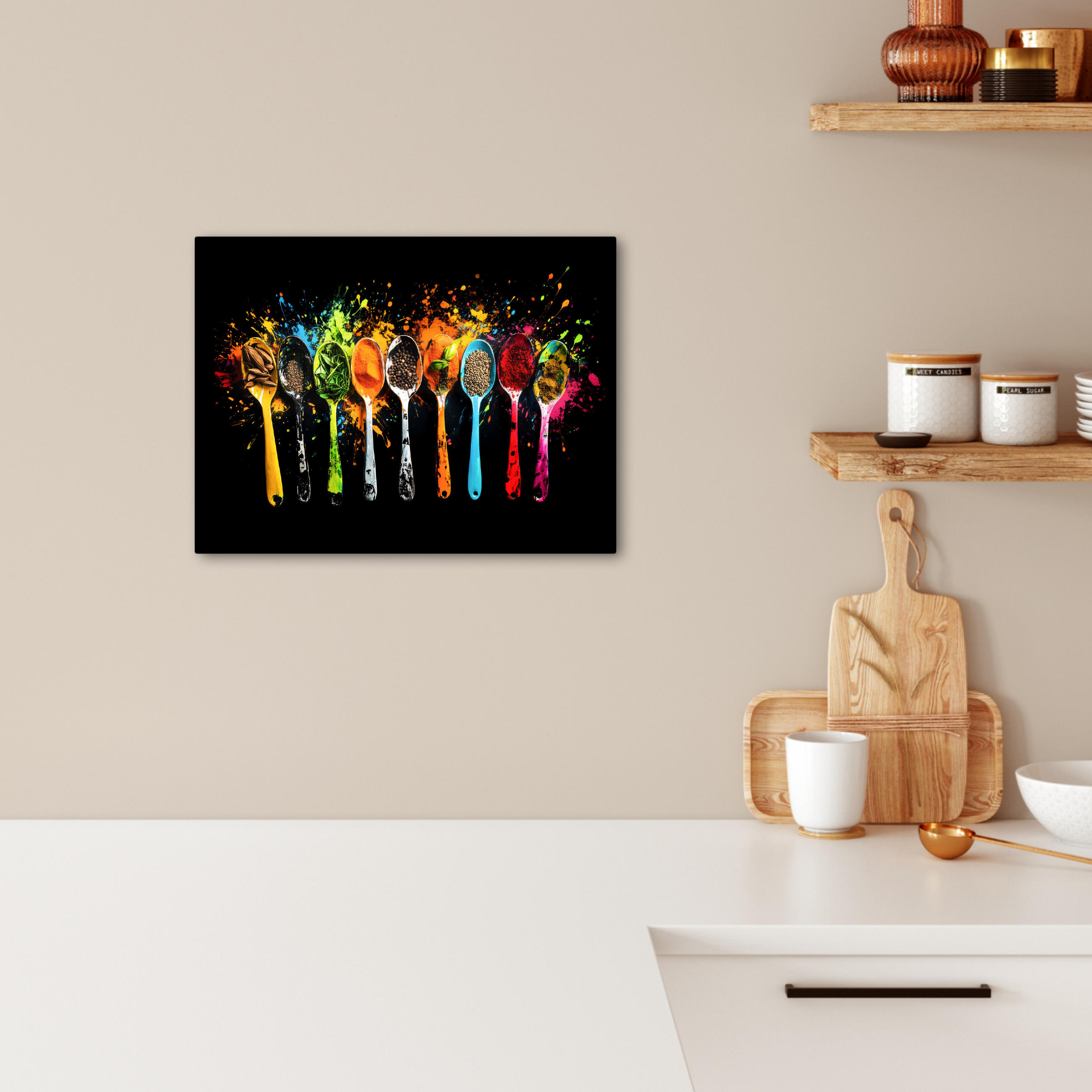 LEINWANDBILD Löffel - Gewürze - Modern - Graffiti - Farbe - Farbenfroh 40x30 cm - Multicolor, Textil (40/30cm) - MuchoWow