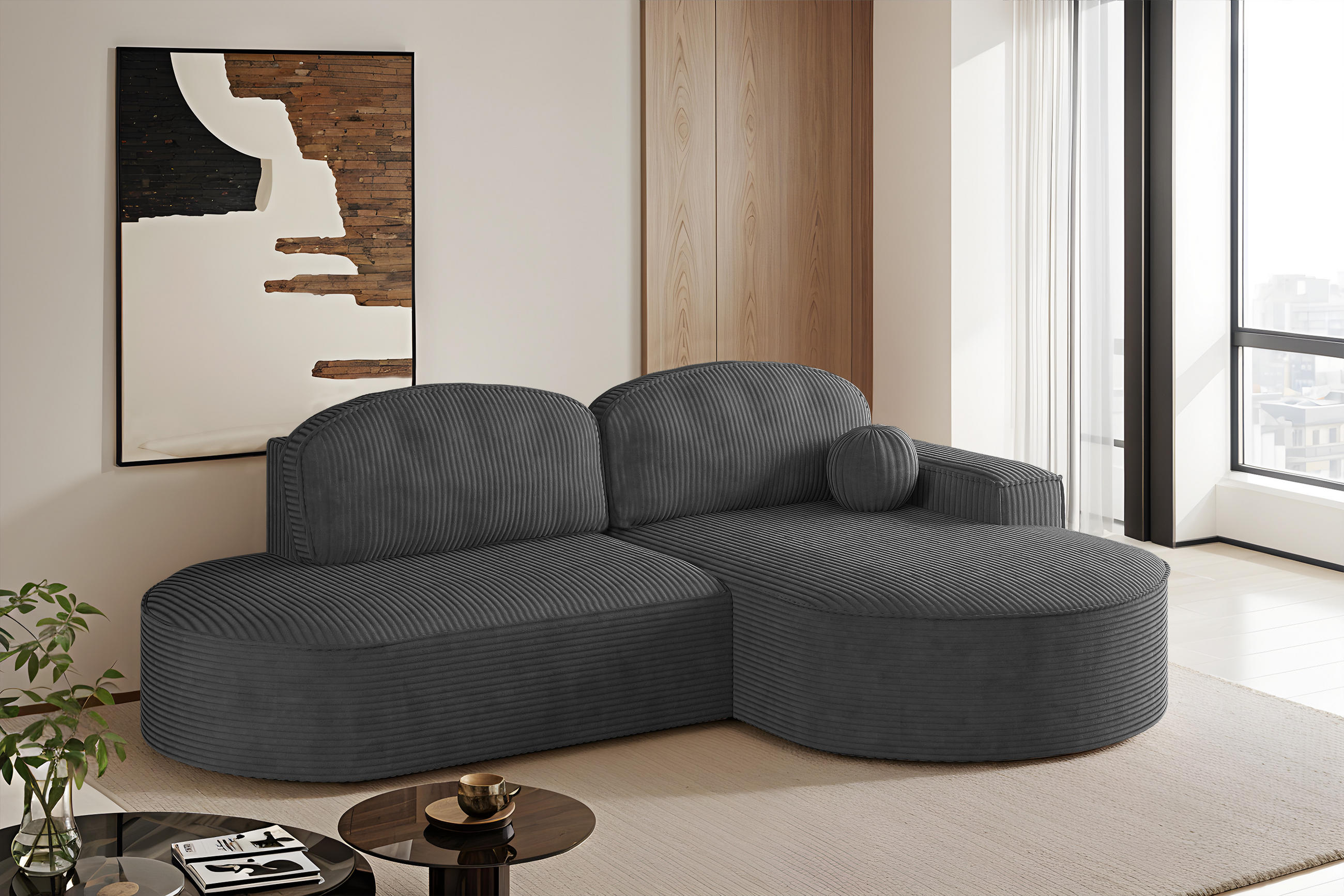 ECKSOFA mit Schlaffunktion und Bettkasten Modena Runden stoff Poso Graphit Rechts - Graphitfarben, Holz/Textil (278/179cm) - Kaiser Möbel
