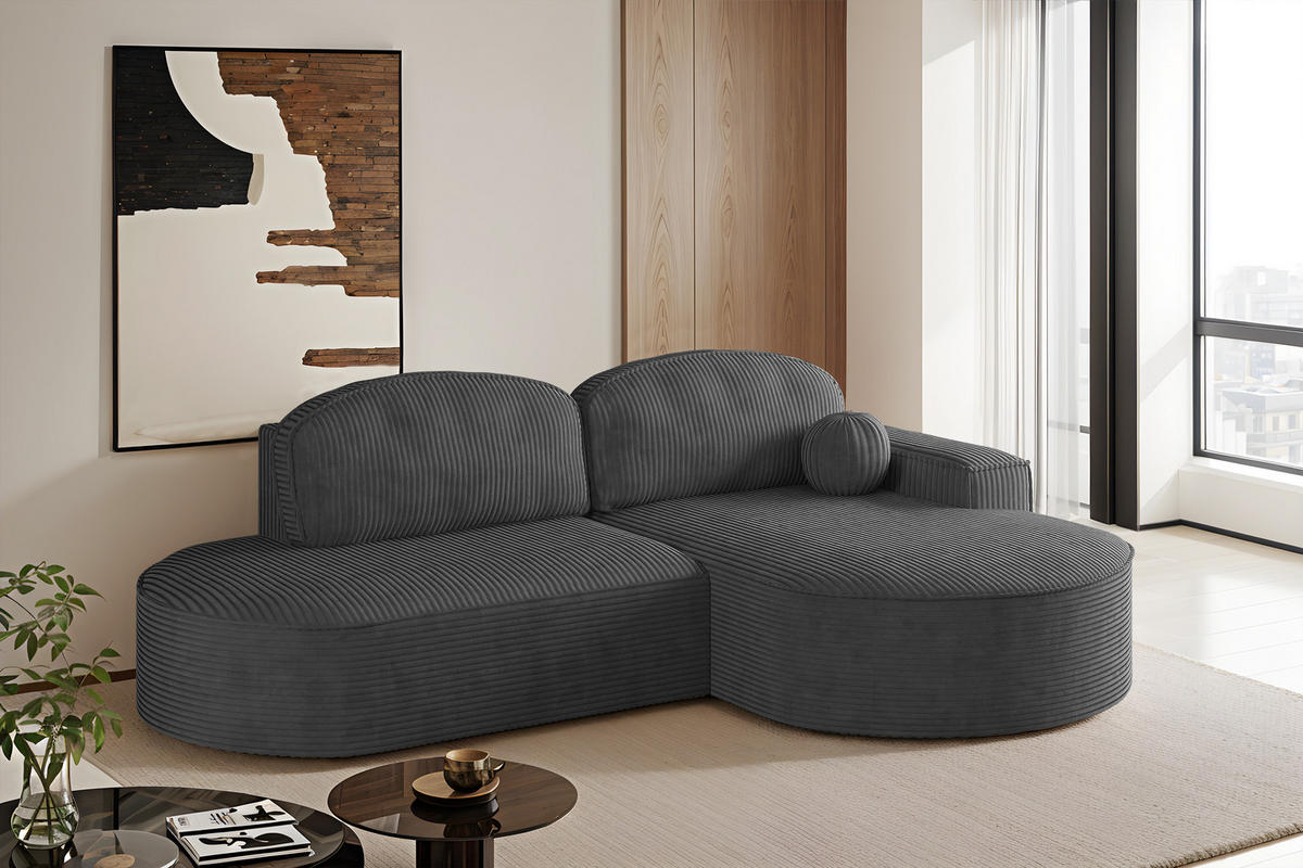 ECKSOFA mit Schlaffunktion und Bettkasten Modena Runden stoff Poso Graphit Rechts - Graphitfarben, Holz/Textil (278/179cm) - Kaiser Möbel