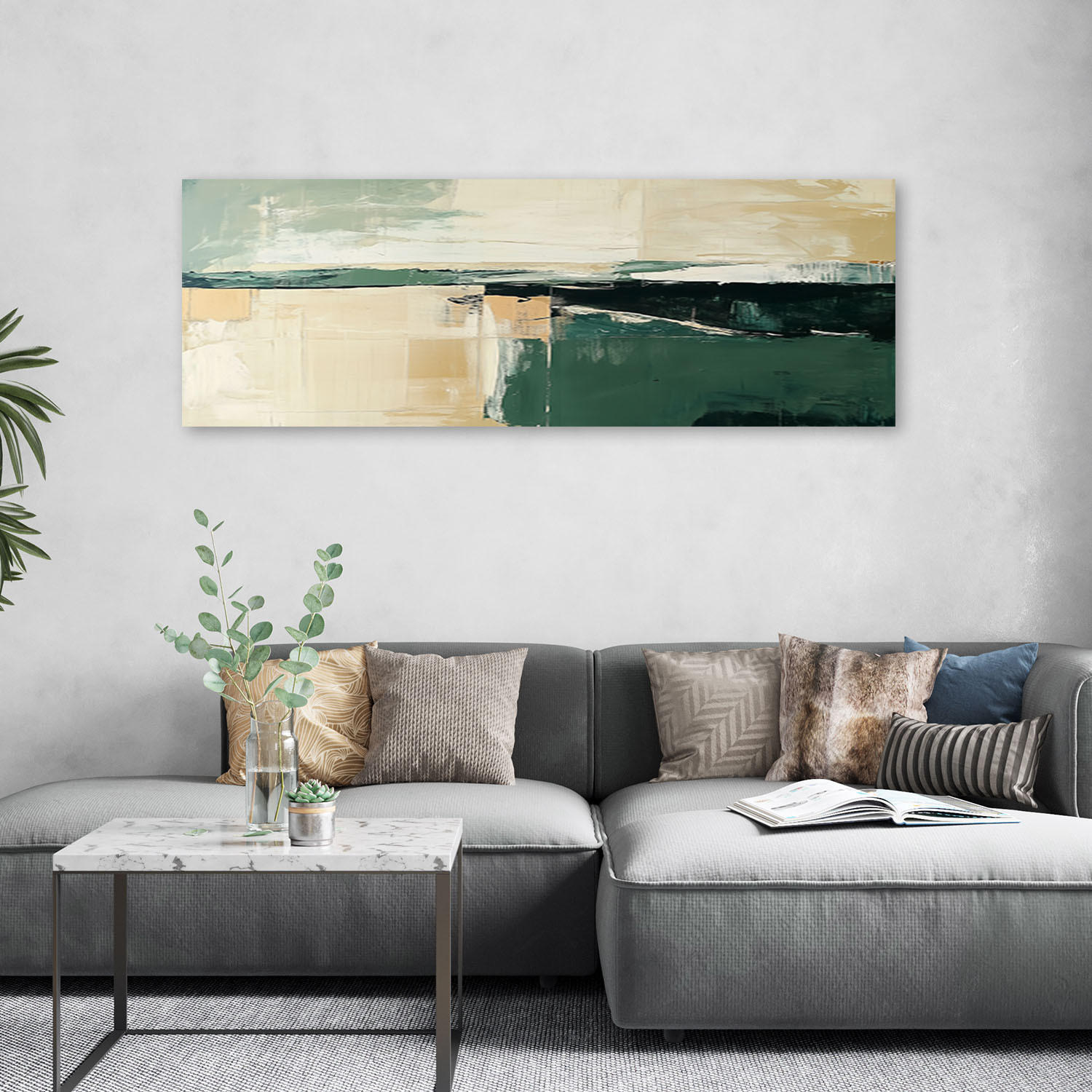 LEINWANDBILD Abstrakter Grün Beige Gold Loft 150x50cm - Grün, Textil (150/50cm) - Feeby