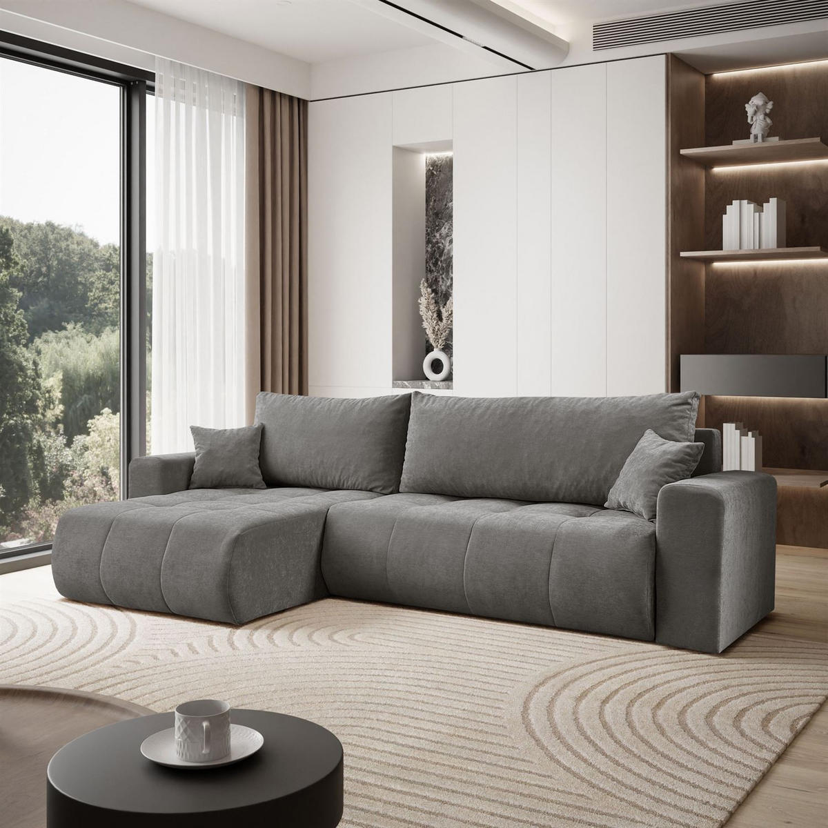 ECKSOFA Gepolstertes CLOUD mit Schlaffunktion und Bettkasten, Wind 21 - Dunkelgrün, Textil (277/143cm) - Lookway