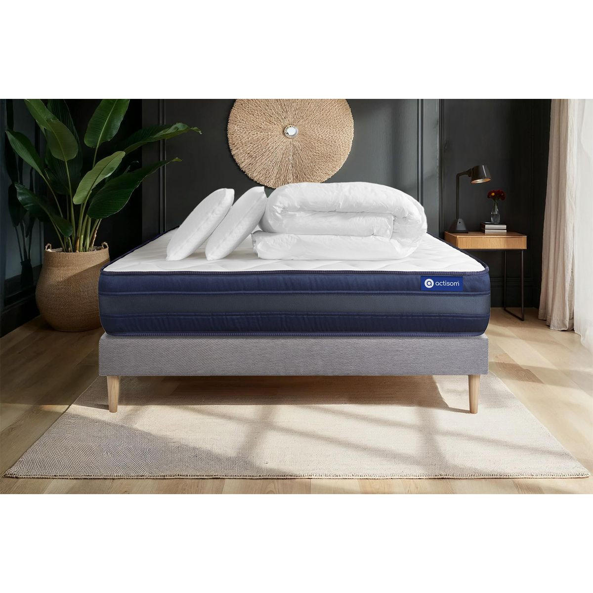 BETT Actimemo tech Memory-Schaum 140 x 200 cm h4 - Kit Bettgestell Grau - Mit Kissen und Bettdecke - Beige/Grau, Karton/Holz (140/200cm) - ACTISOM