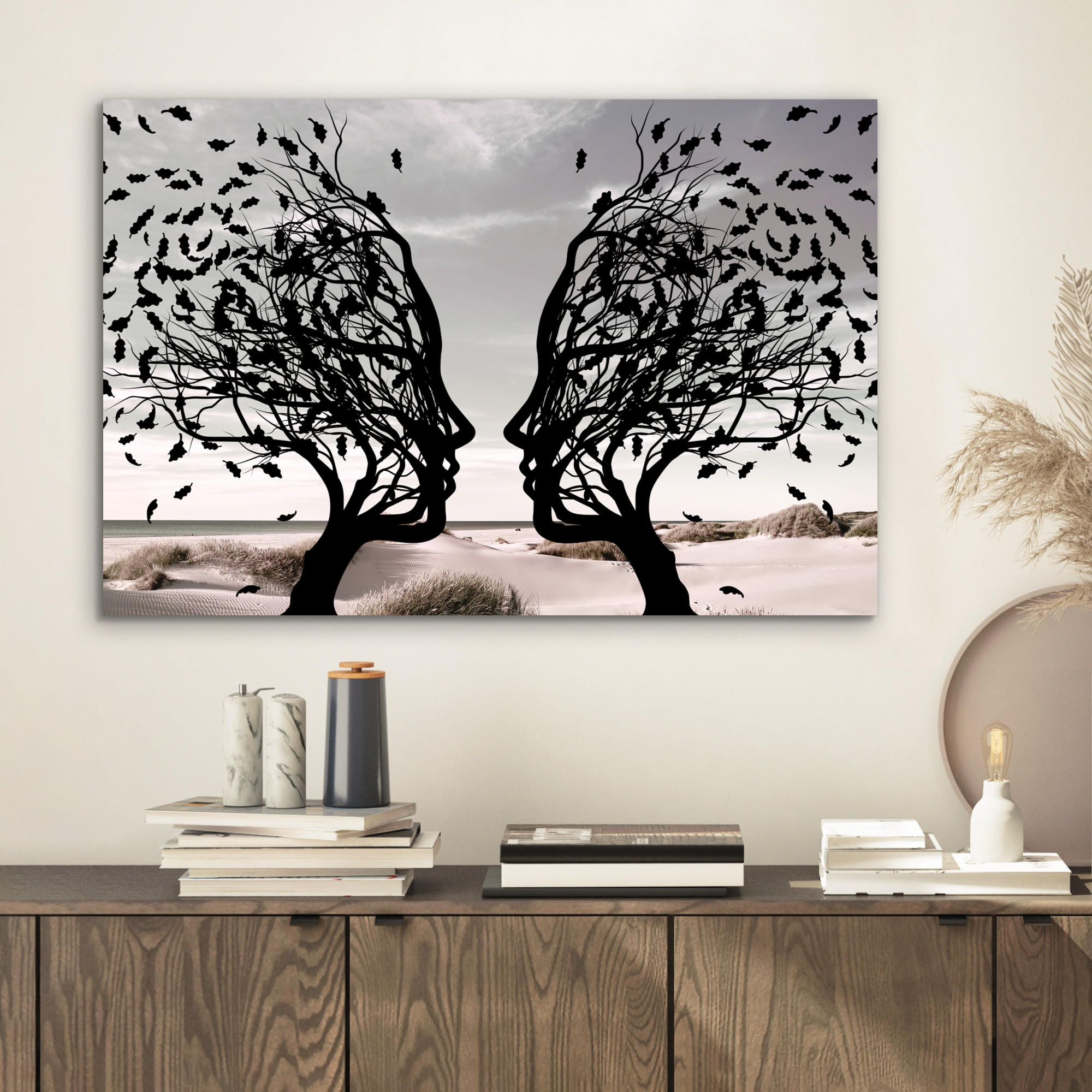 METALLBILD Strand - Meer - Menschen - Baum - Moderne Kunst 60x40 cm - Hellgrau, Metall (60/40cm) - MuchoWow