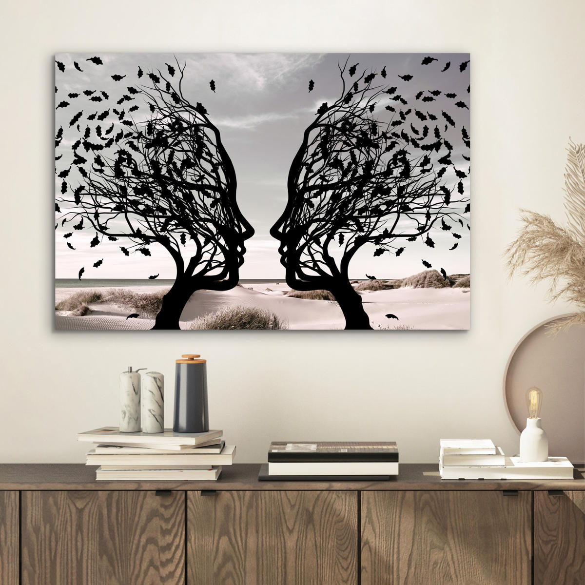 METALLBILD Strand - Meer - Menschen - Baum - Moderne Kunst 60x40 cm - Hellgrau, Metall (60/40cm) - MuchoWow