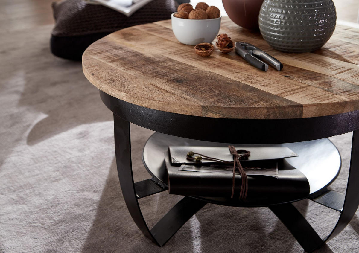 COUCHTISCH in Braun/Schwarz, Industrieller Stil, aus Recyceltem Mango-Massivholz - Schwarz, Holz/Metall (60/60/34cm) - KADIMA DESIGN