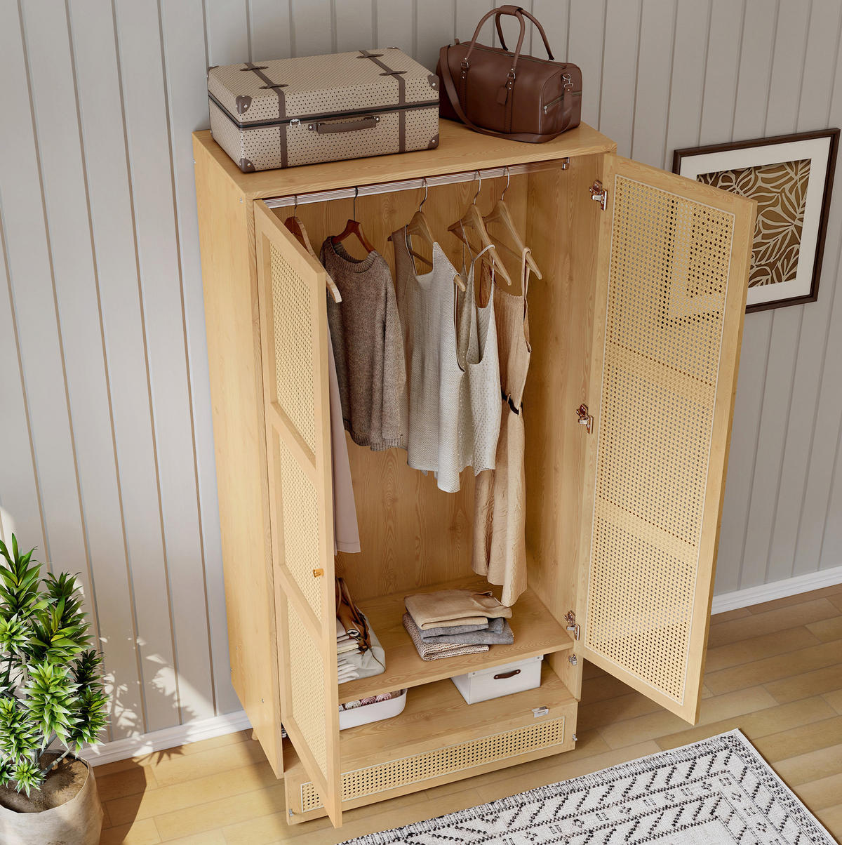 KLEIDERSCHRANK 90/45/183 cm natur aus Holzwerkstoff und PE-Rattan mit Kleiderstange und Klappfach - Naturfarben, Holz (90/183/45cm) - OKWISH