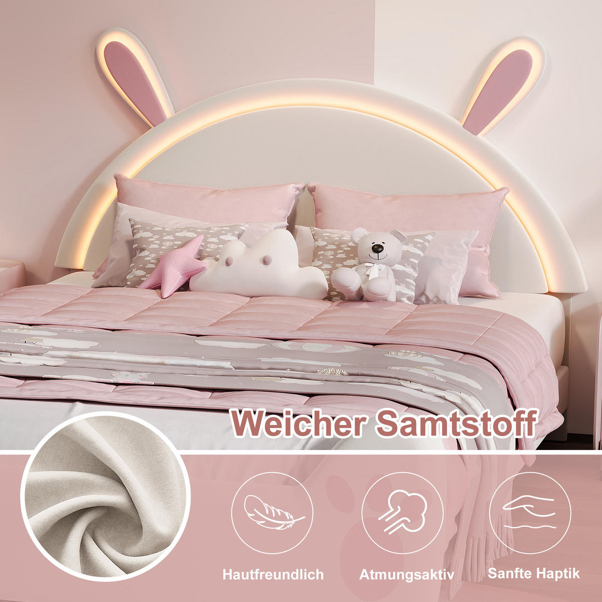 KINDERBETT 140x200 cm mit Hasen-Design, Ambiente-LED, Lattenrost, einfacher Montage, Weiß - Weiß, Holz (140/200cm) - BRILVERDE