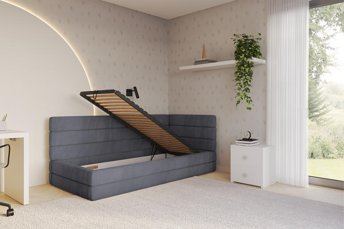 EINZELLBETT Jugendbett mit Bettkasten, Links - BEMY 90x200 Dunkelgrau - Dunkelgrau, Holzwerkstoff/Textil (90/200cm) - ALTDECOR