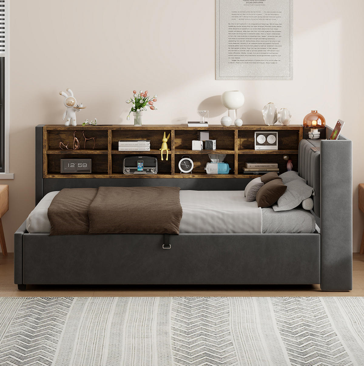 SAMT-POLSTERBETT 90/200 cm mit Bettkasten, USB-C und Nachtlicht - Dunkelgrau, Textil (90/200cm) - BEAOK